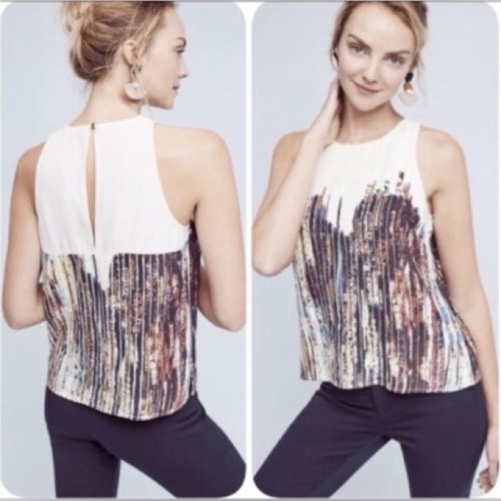 Floreat White Pleated Tank with Multicolor Abstract Stripes